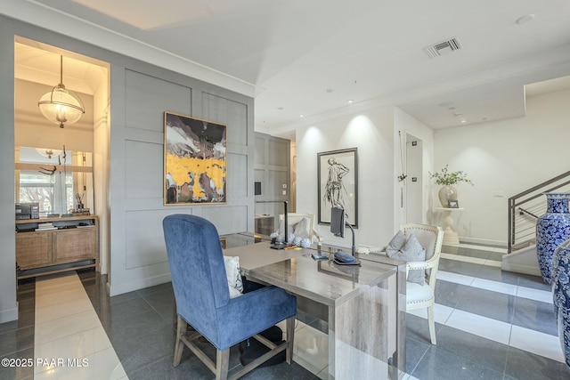 office space with dark tile patterned floors