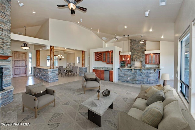 1498 Commonwealth St, Prescott, AZ 86301 - living area featuring ceiling fan, light carpet, a fireplace, high vaulted ceiling, and recessed lighting