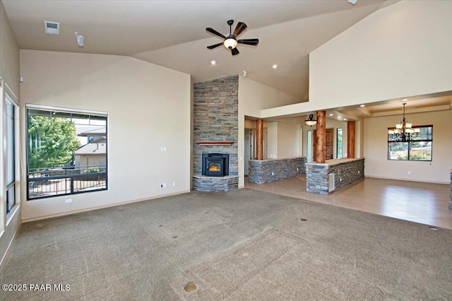 1498 Commonwealth St, Prescott, AZ 86301 - unfurnished living room featuring carpet floors, a chandelier, high vaulted ceiling, a fireplace, and a ceiling fan