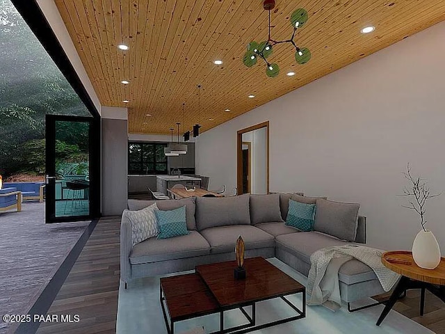 living room featuring wood ceiling, wood-type flooring, and expansive windows