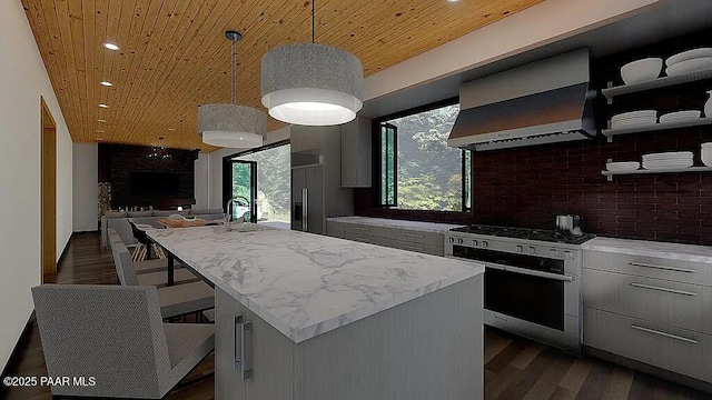 kitchen with a center island, wooden ceiling, dark hardwood / wood-style flooring, pendant lighting, and wall chimney range hood