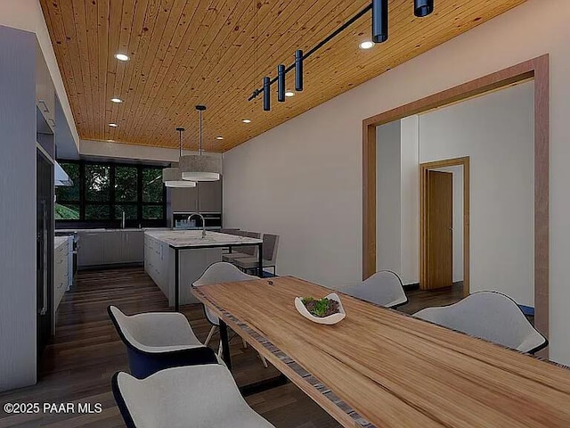 dining space featuring dark wood-type flooring, sink, and wooden ceiling