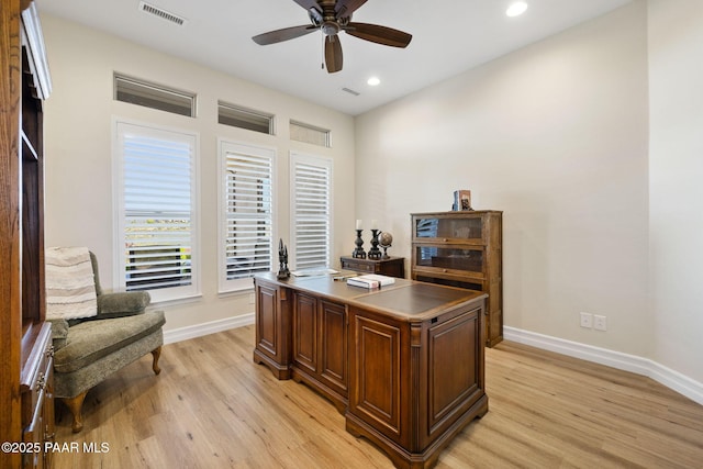 1032 Vantage Point Cir, Prescott, AZ 86301 - office area featuring baseboards, light wood finished floors, a ceiling fan, and recessed lighting