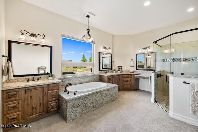 1032 Vantage Point Cir, Prescott, AZ 86301 - bathroom with a shower stall, a bath, two vanities, and recessed lighting