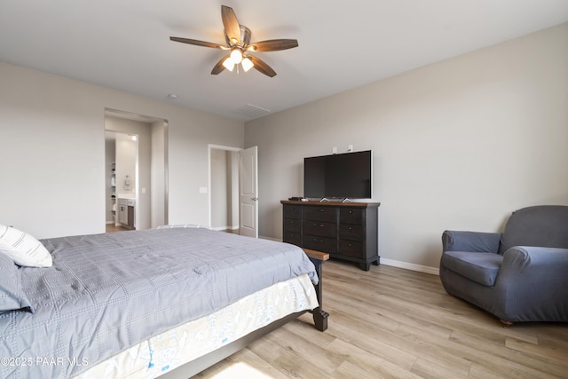 bedroom with light hardwood / wood-style floors and ceiling fan