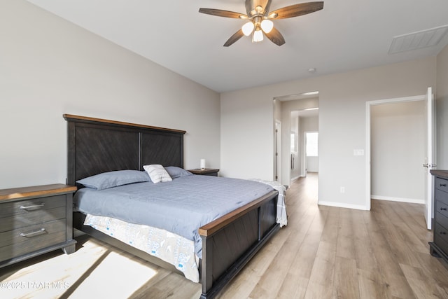 bedroom featuring ceiling fan and light wood-type flooring