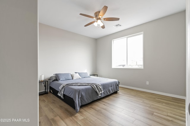 bedroom featuring ceiling fan and light hardwood / wood-style floors