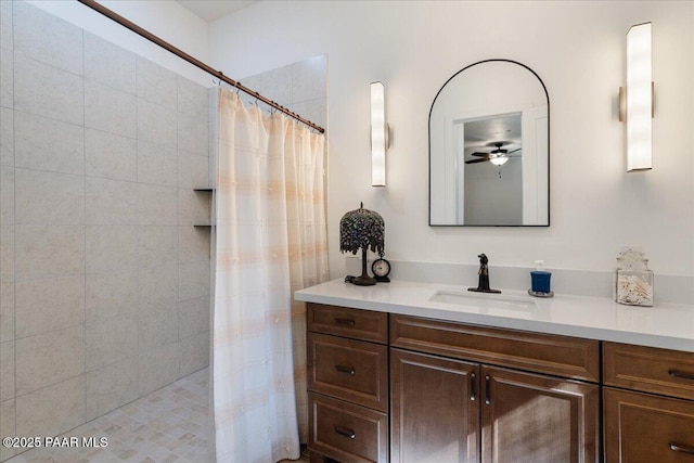 749 S Montezuma St, Prescott, AZ 86303 - bathroom featuring vanity, tiled shower, and a ceiling fan