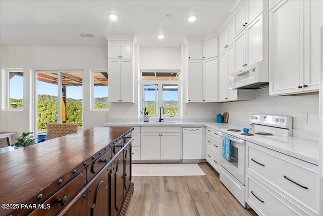 749 S Montezuma St, Prescott, AZ 86303 - kitchen featuring white appliances, white cabinetry, light wood finished floors, dark brown cabinetry, and recessed lighting