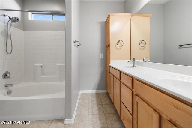 bathroom featuring tile patterned flooring, vanity, and  shower combination