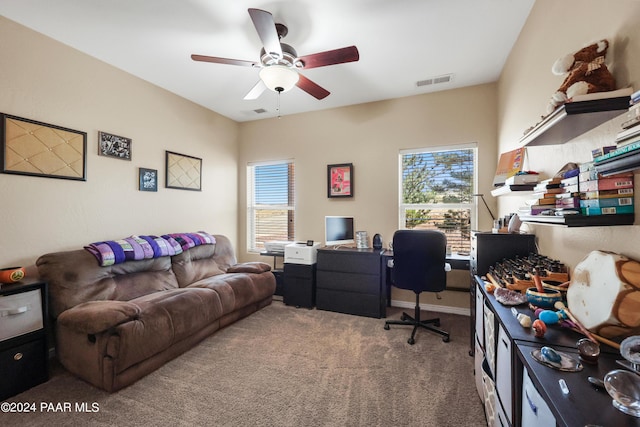 carpeted office with a wealth of natural light and ceiling fan