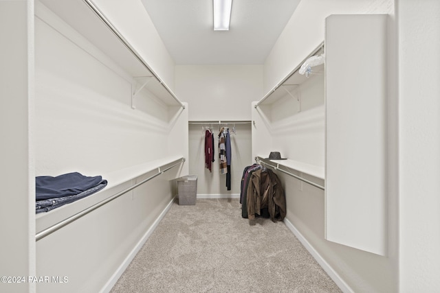 walk in closet featuring light colored carpet