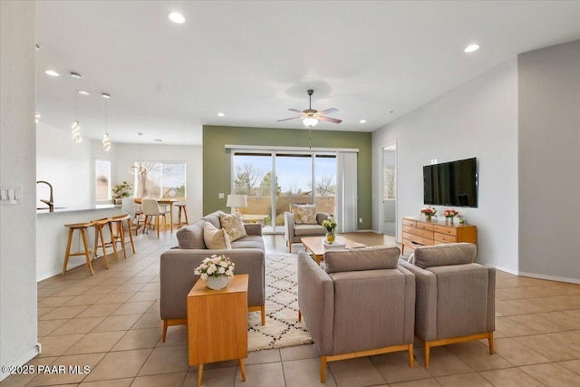 empty room with recessed lighting, baseboards, light tile patterned flooring, visible vents, and a ceiling fan
