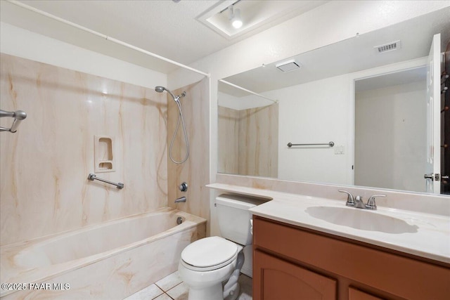 full bath with tile patterned flooring, visible vents, toilet, bathtub / shower combination, and vanity