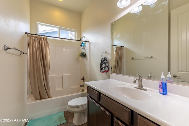 full bathroom with toilet, vanity, and shower / tub combo with curtain