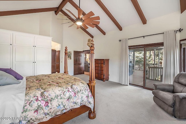 bedroom with ceiling fan, beam ceiling, high vaulted ceiling, light carpet, and access to outside