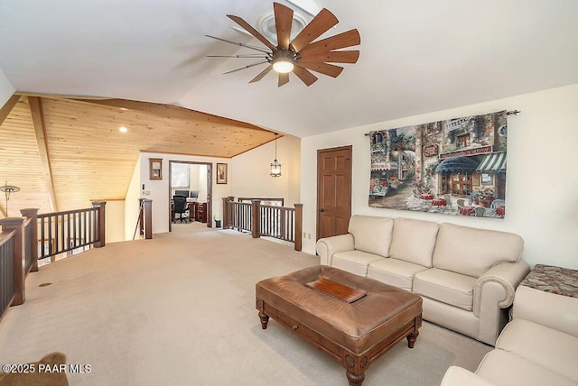 living room with ceiling fan, light colored carpet, and lofted ceiling