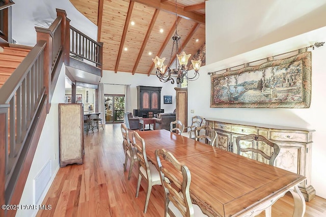 dining area with wood ceiling, beam ceiling, high vaulted ceiling, a notable chandelier, and light wood-type flooring