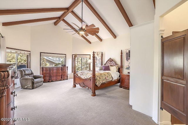 bedroom featuring beamed ceiling, light colored carpet, and high vaulted ceiling