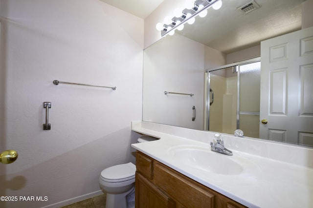 full bathroom with visible vents, toilet, an enclosed shower, and vanity