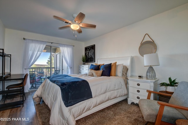 bedroom featuring access to outside and a ceiling fan