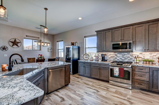 kitchen with appliances with stainless steel finishes, dark brown cabinetry, a wealth of natural light, and sink