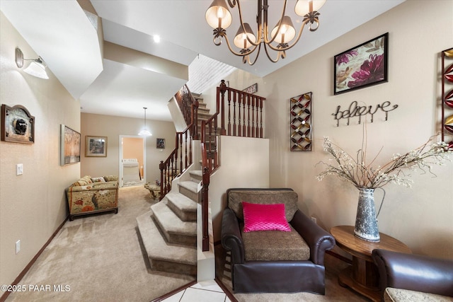 4937 S Deer Trl, Prescott, AZ 86303 - stairs featuring a chandelier, carpet flooring, and baseboards