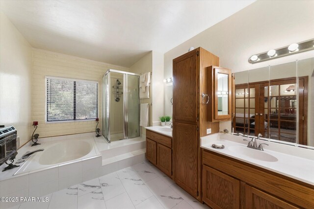 4937 S Deer Trl, Prescott, AZ 86303 - full bath featuring a bath, vanity, a stall shower, and marble finish floors