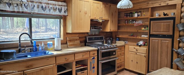 kitchen featuring light countertops, a sink, open shelves, and double oven range