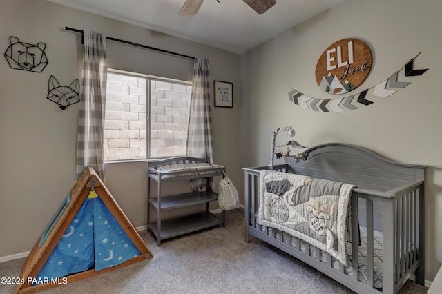 carpeted bedroom featuring ceiling fan