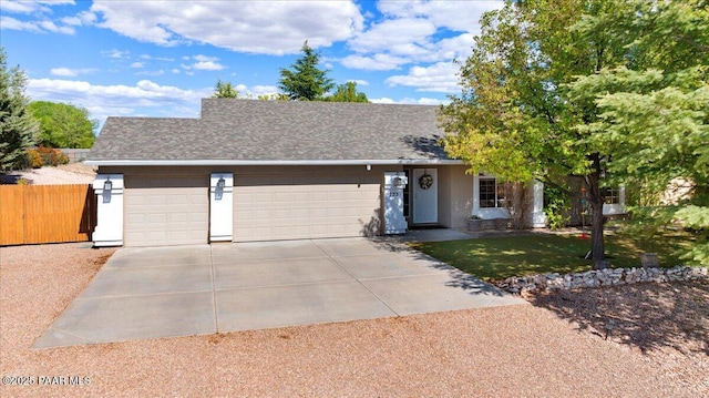 single story home with fence, stucco siding, a shingled roof, concrete driveway, and an attached garage