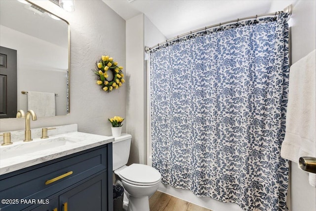 bathroom featuring vanity, a textured wall, toilet, and wood finished floors