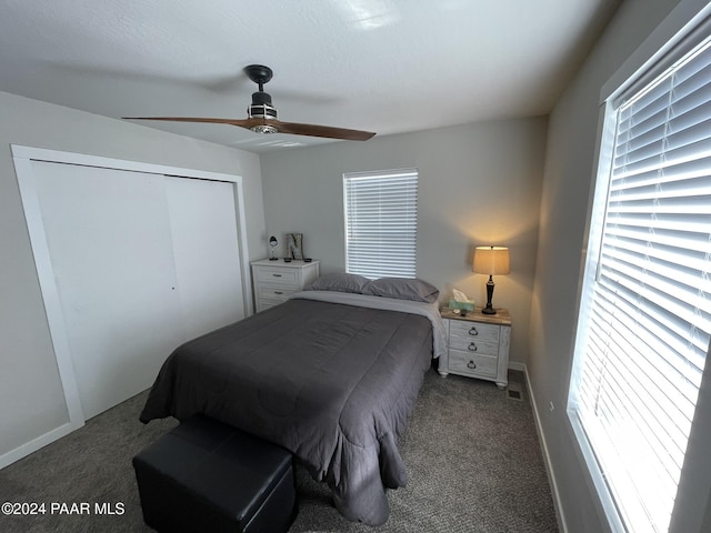 bedroom with dark colored carpet, ceiling fan, multiple windows, and a closet