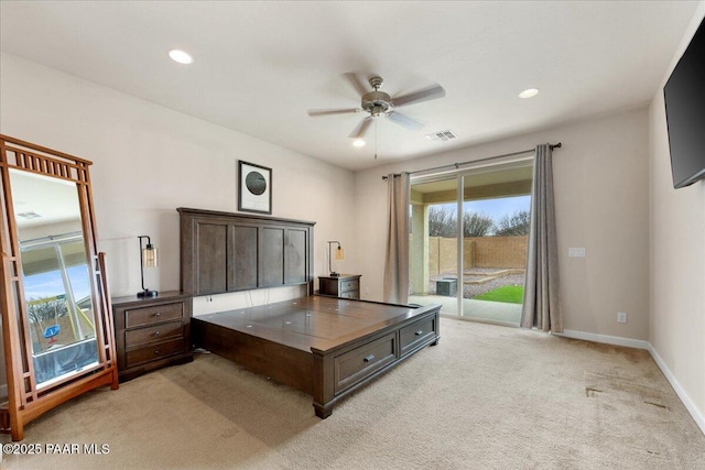 bedroom with light carpet, access to outside, and ceiling fan