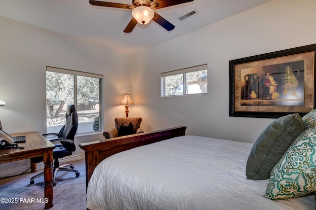 carpeted bedroom with ceiling fan and multiple windows