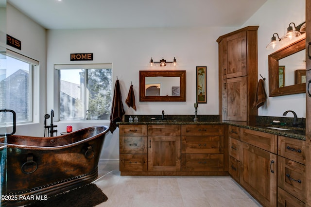 bathroom featuring a washtub and vanity