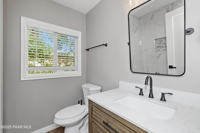 bathroom with a shower, vanity, and toilet