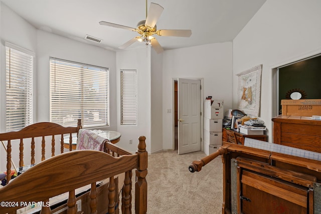 carpeted bedroom featuring ceiling fan