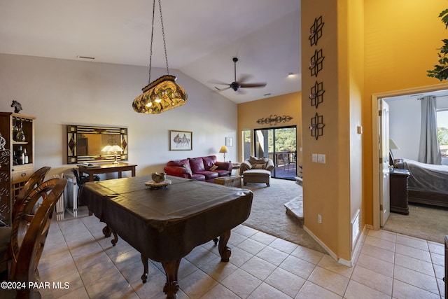 rec room featuring high vaulted ceiling, billiards, ceiling fan, and light tile patterned flooring