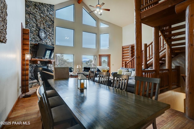 1070 Quiet Pines Ln, Prescott, AZ 86303 - dining area with a ceiling fan, a glass covered fireplace, high vaulted ceiling, plenty of natural light, and wood finished floors