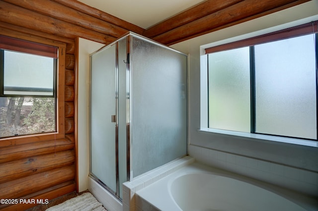 1070 Quiet Pines Ln, Prescott, AZ 86303 - full bath with log walls, a shower stall, and a garden tub