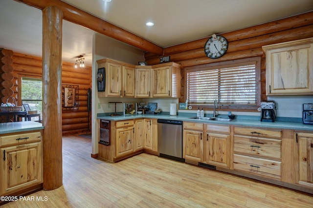 1070 Quiet Pines Ln, Prescott, AZ 86303 - kitchen with stainless steel dishwasher, light brown cabinetry, rustic walls, light wood finished floors, and plenty of natural light