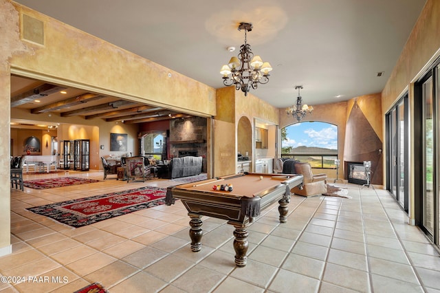 12390 E Triple T Ln, Prescott Valley, AZ 86315 - rec room featuring beamed ceiling, light tile patterned floors, a notable chandelier, and pool table