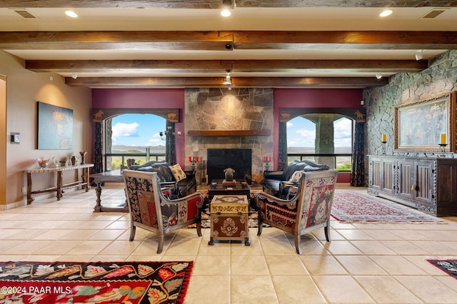 12390 E Triple T Ln, Prescott Valley, AZ 86315 - tiled living room with beam ceiling and a fireplace