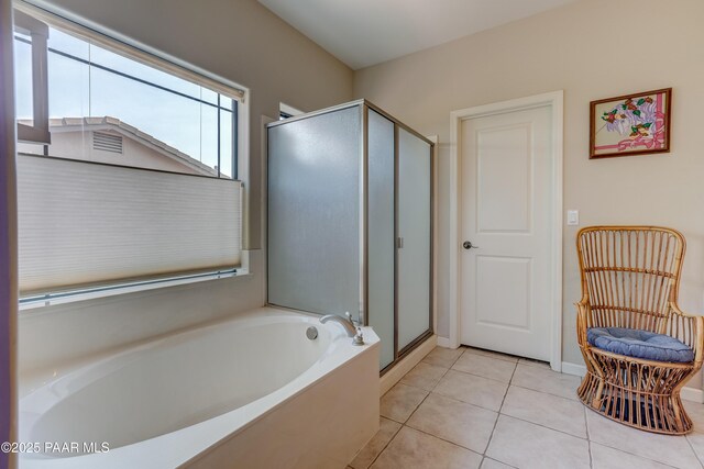3096 Adobe Springs Dr, Prescott, AZ 86301 - bathroom with a shower stall, a bath, and tile patterned flooring