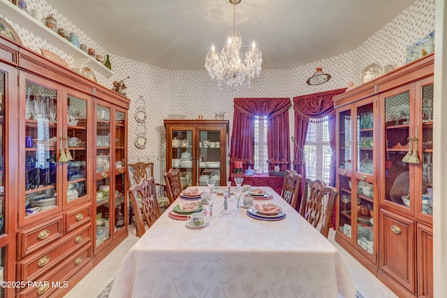 3096 Adobe Springs Dr, Prescott, AZ 86301 - carpeted dining space with wallpapered walls and a chandelier