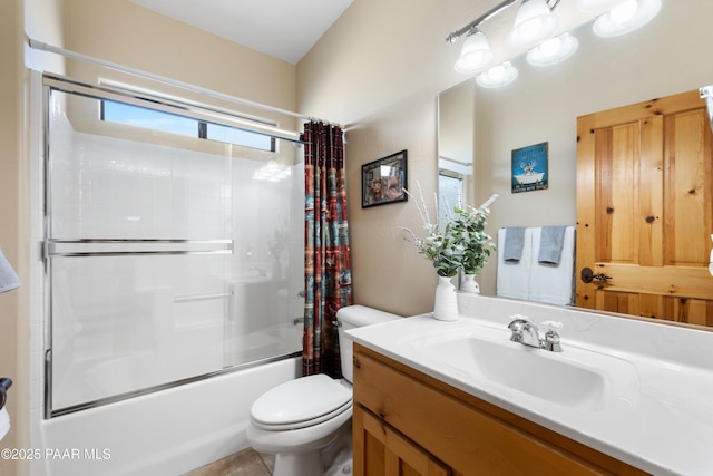 full bathroom with toilet, shower / bathtub combination with curtain, and vanity