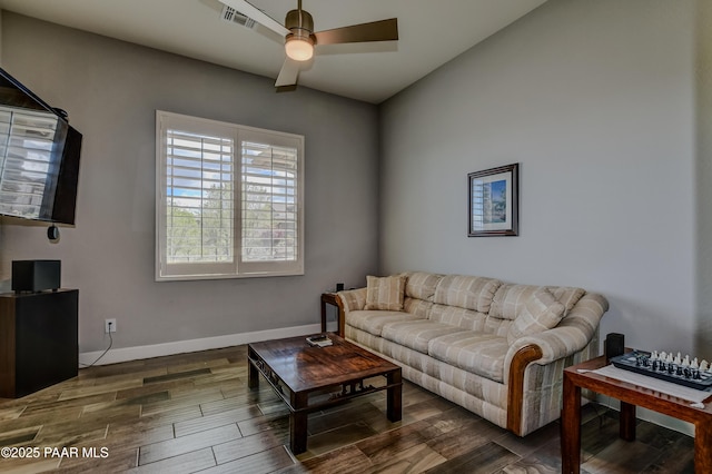 892 Canyon Breeze Ct, Prescott, AZ 86303 - living area with baseboards, a ceiling fan, wood finished floors, and visible vents