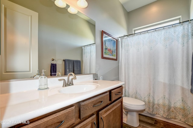 892 Canyon Breeze Ct, Prescott, AZ 86303 - bathroom featuring a shower with shower curtain, toilet, wood finished floors, and vanity