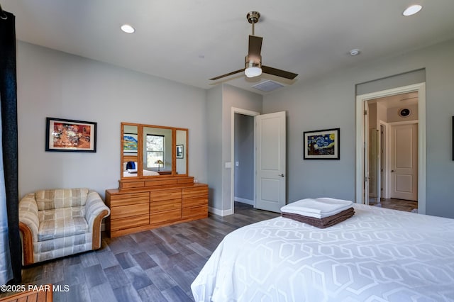 892 Canyon Breeze Ct, Prescott, AZ 86303 - bedroom with recessed lighting, ceiling fan, baseboards, and dark wood-type flooring